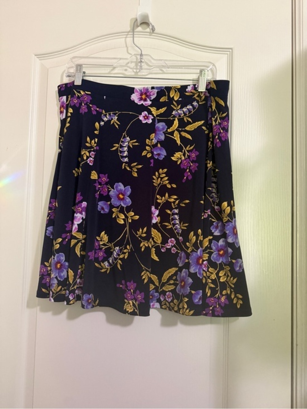 Susan Graver Blue Circle Skirt with Purple & Gold Floral Print